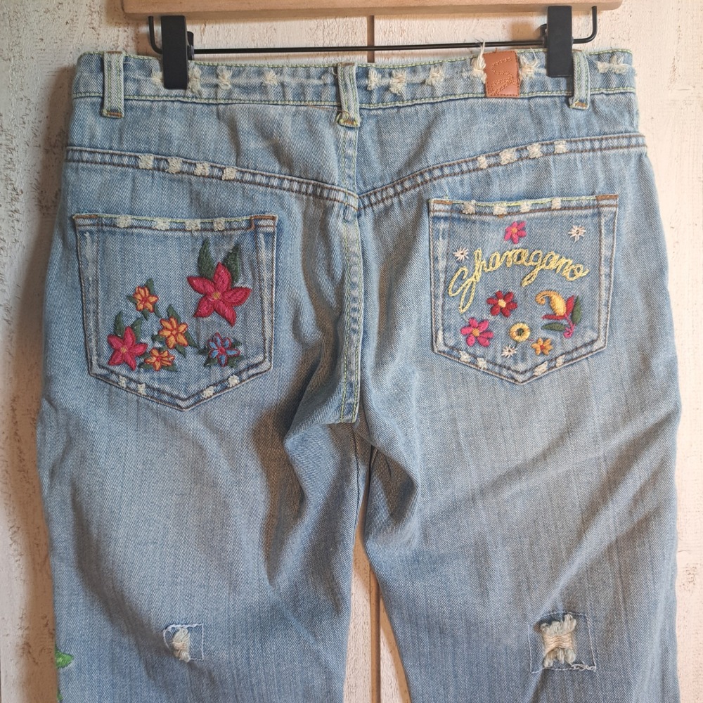 Sharagano Y2k Fashion Embroidered Tropical Flamingo Distressed Flare Jeans W30